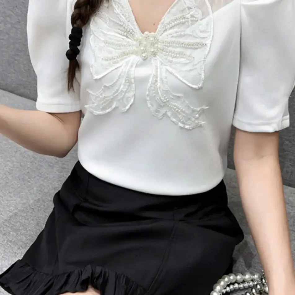 拼接T恤显瘦时尚圆领蕾丝设计师图片透气法式修身型百搭短袖