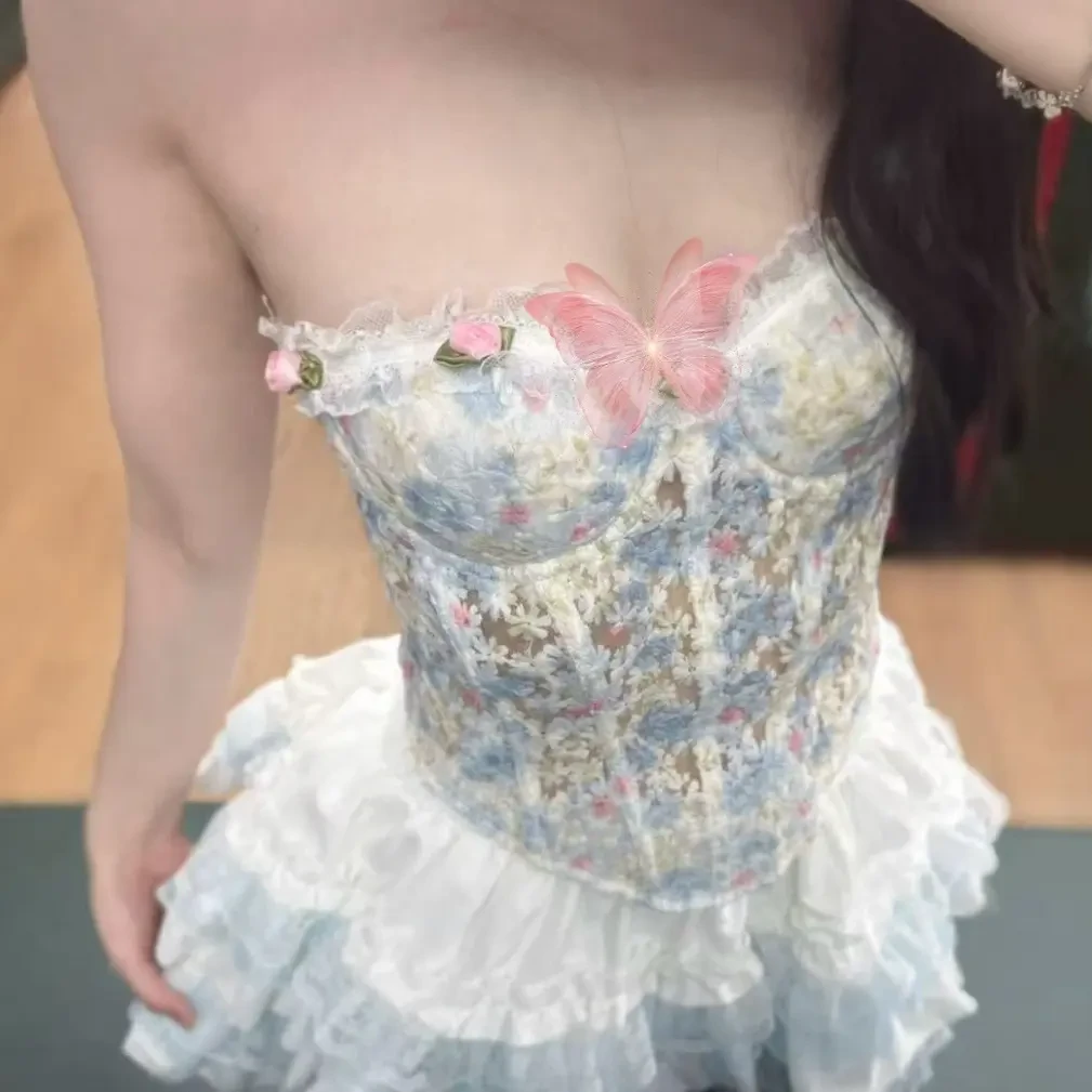 甜美纯欲立体花朵刺绣鱼骨抹胸吊带背心女带胸垫修身美背