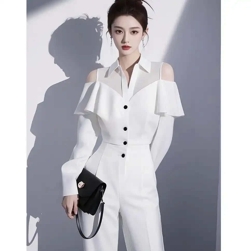 2025春装新款盐系感小洋装欧货漂亮时尚白色露肩衬衫套装裤