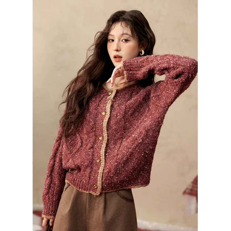 谜秀新宽松圆领撞色毛衣外套女2024年冬季韩版酒红色上衣春秋时尚