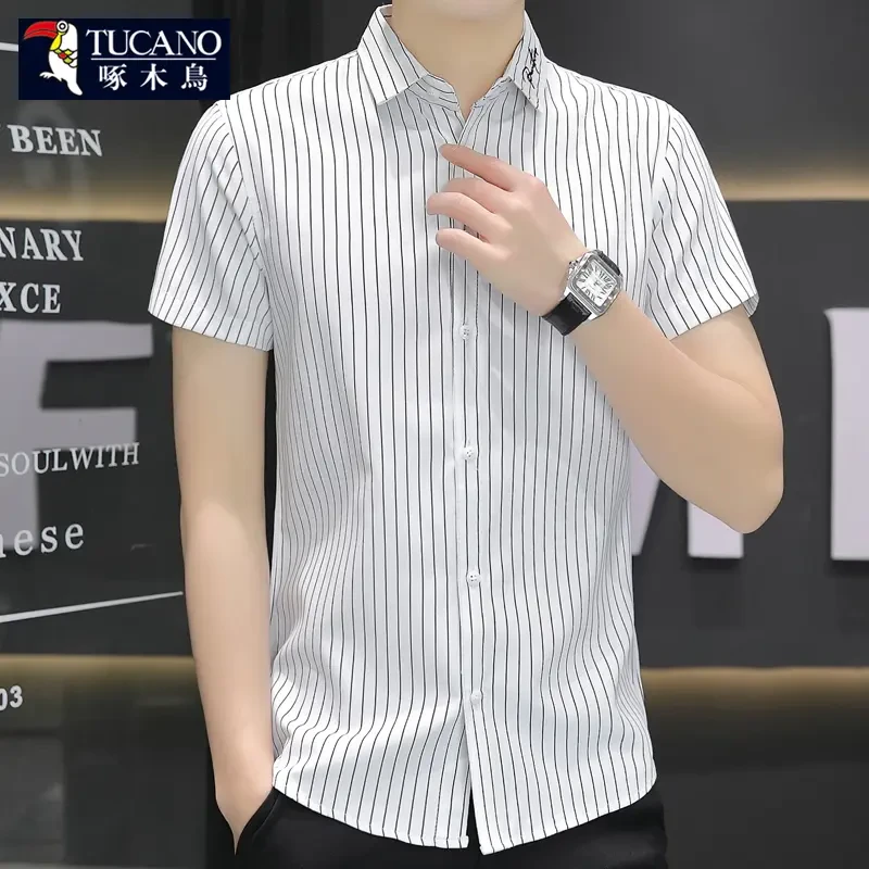 啄木鸟条纹短袖衬衫男士夏季薄款商务休闲百搭半袖衬衣男款上衣服