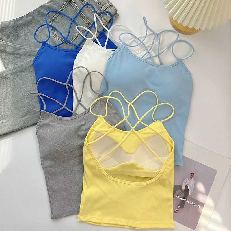 夏季交叉美背内衣女小胸聚拢一体带胸垫可外穿短款吊带背心式文胸