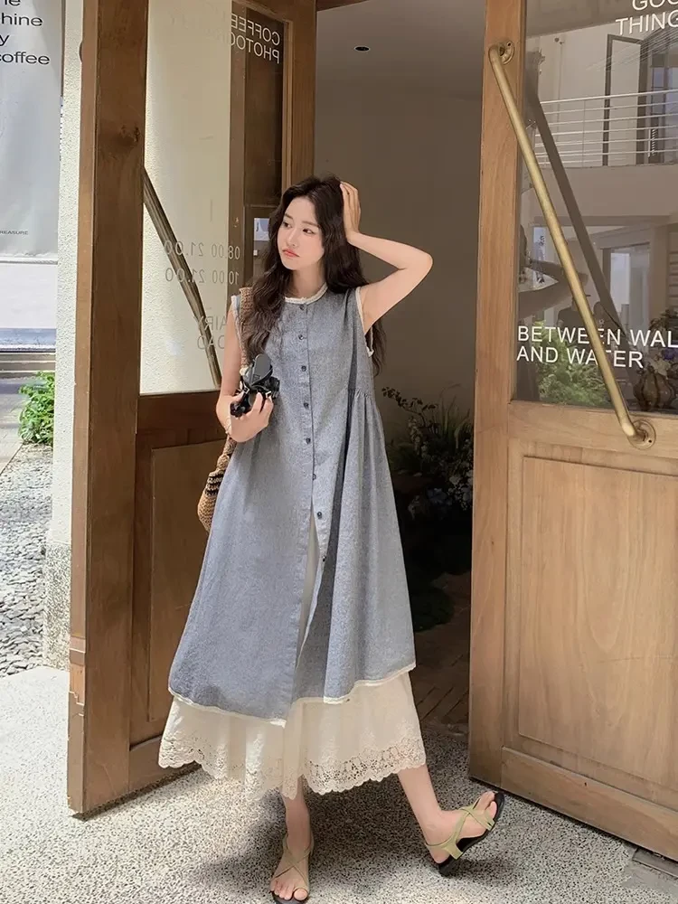 森系气质叠穿套装女夏2025新款无袖背心衬衣长裙显瘦阔腿裤两件套