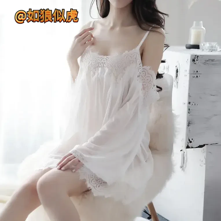 一字肩网纱睡衣套装夏季家居服薄款网红女士床上战袍
