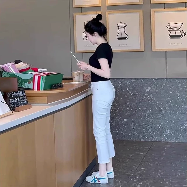 薄款白色直筒牛仔裤女高腰八九分矮小个子145cm窄版烟管法棍裤夏