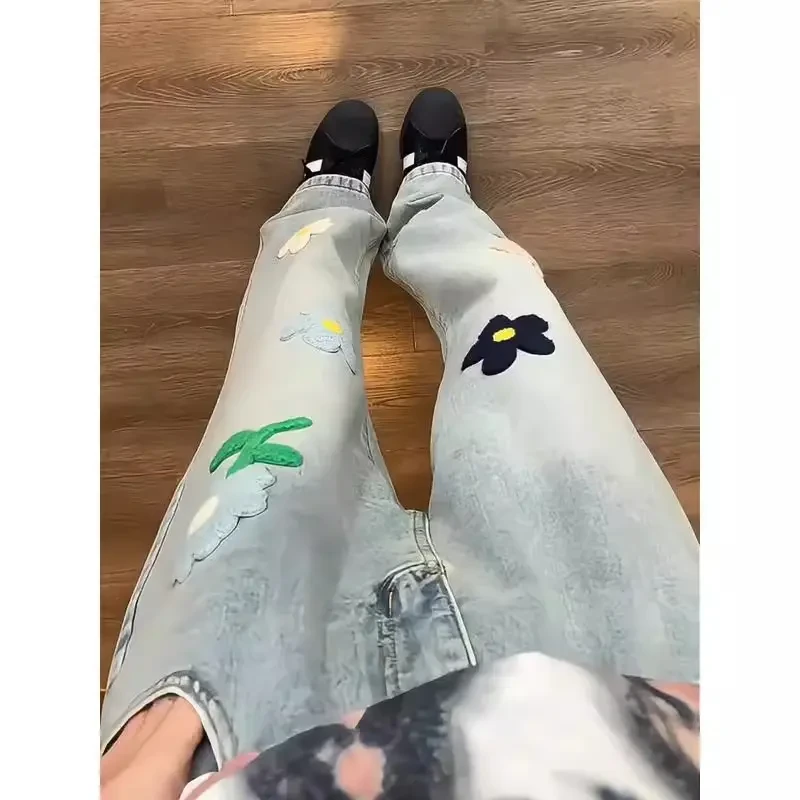 美式植绒绣花微喇牛仔裤男女夏季小众设计感情侣裤高街百搭直筒裤