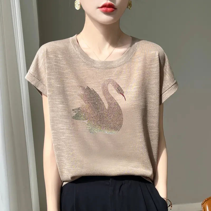 品牌正品薄款时尚圆领纯棉针织短袖T恤洋气女烫钻宽松百搭打底