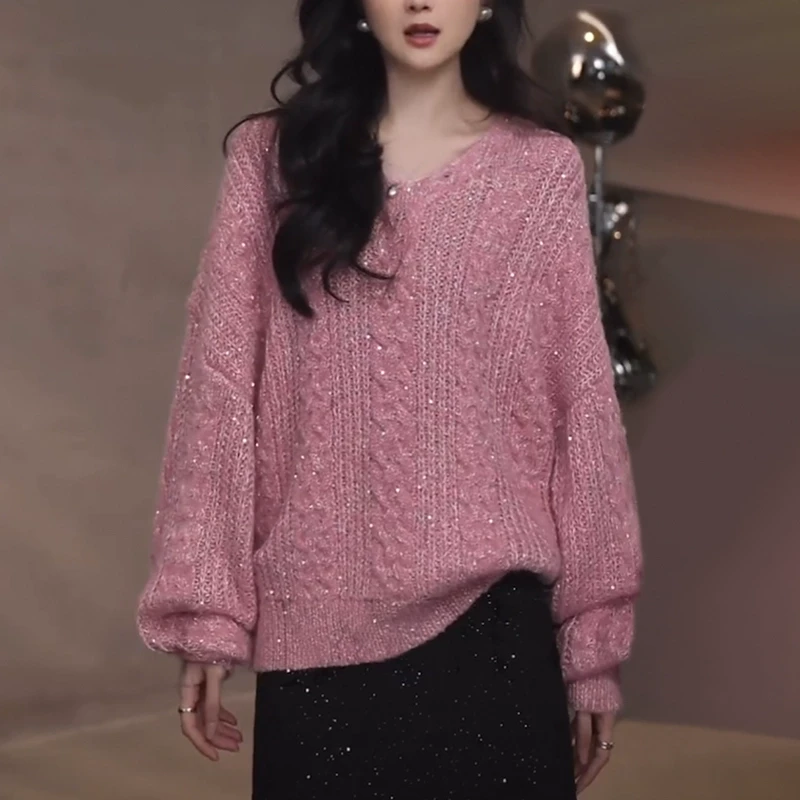 粉色V领亮片毛衣女秋冬季慵懒高级感宽松软糯内搭打底针织衫上衣