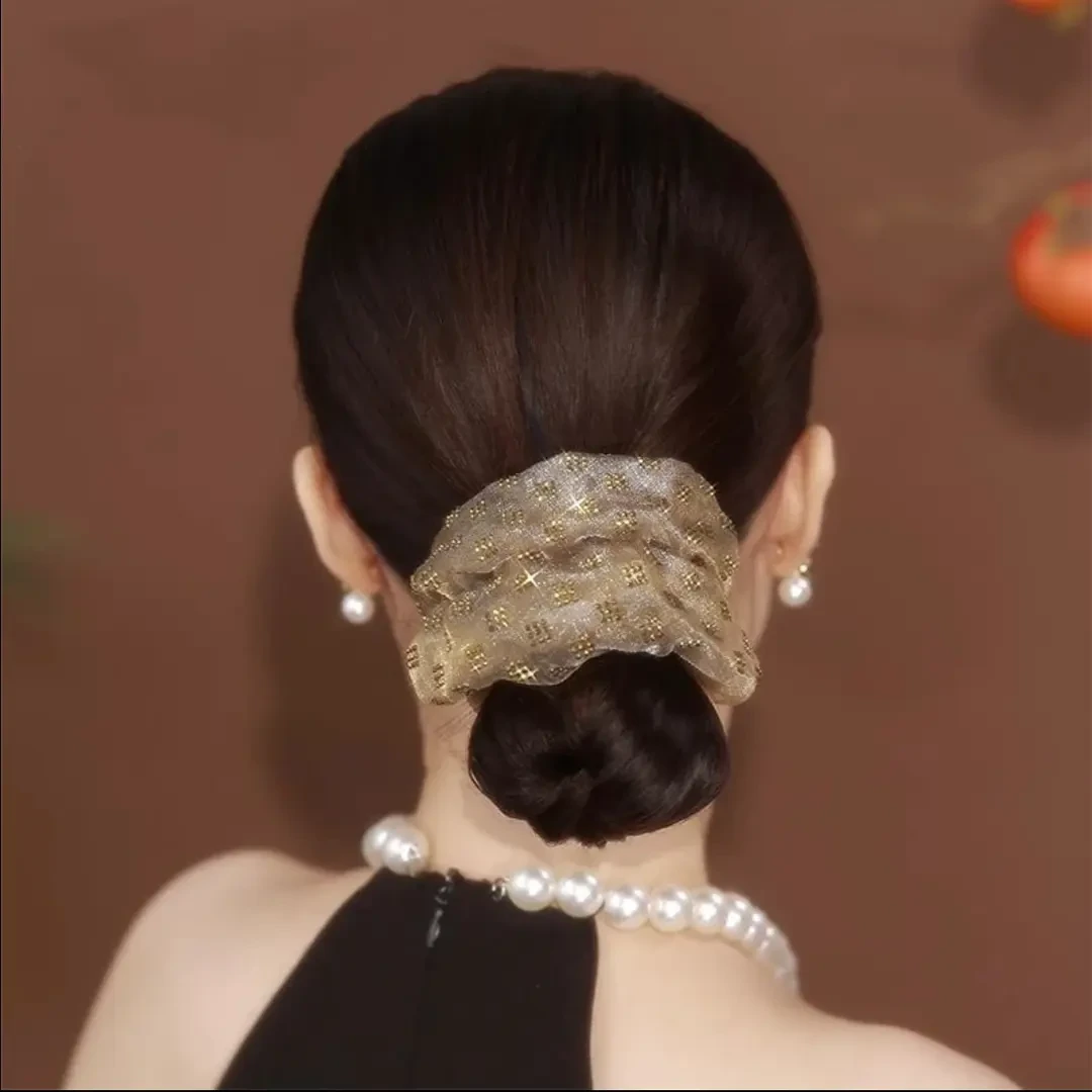 韩版手工格子烫钻高级感高马尾夏天丸子头纯色气质发圈女轻奢女