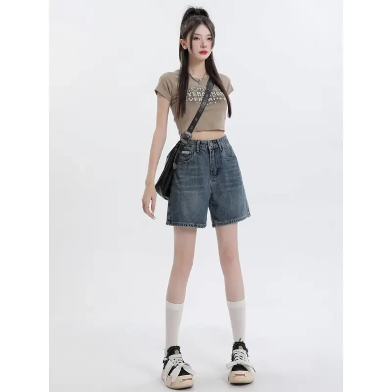复古水洗直筒大码牛仔短裤女2025夏季高腰显瘦中裤薄款阔腿4分裤