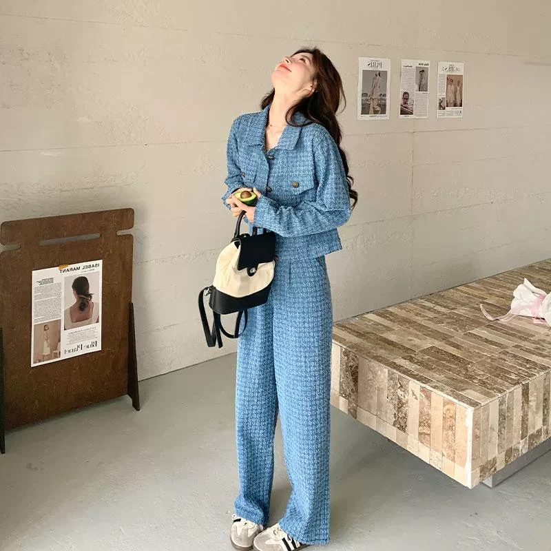 蓝色小香风格纹牛仔套装女2025春季轻奢高级感洋气显瘦长裤两件套