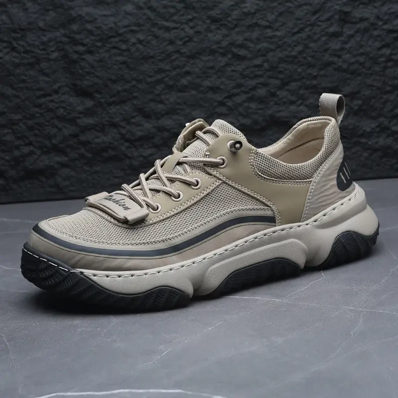 男鞋户外透气镂空夏季新款轻便厚底增高潮流男士网面拼接布鞋