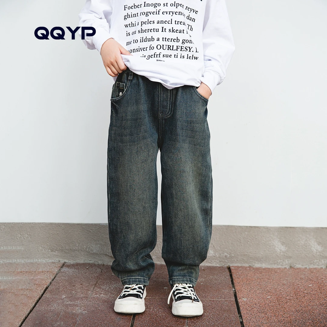 男童加绒牛仔裤2024冬装新款中大童韩版复古老爹裤儿童加厚裤子