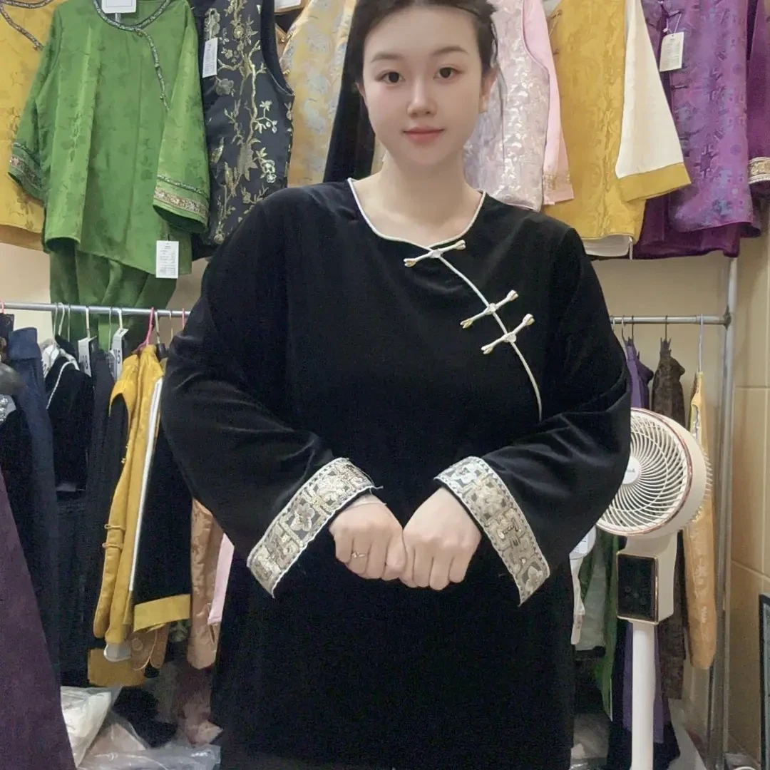 中国风丝绒大码斜襟女士上衣显瘦百搭复古时尚
