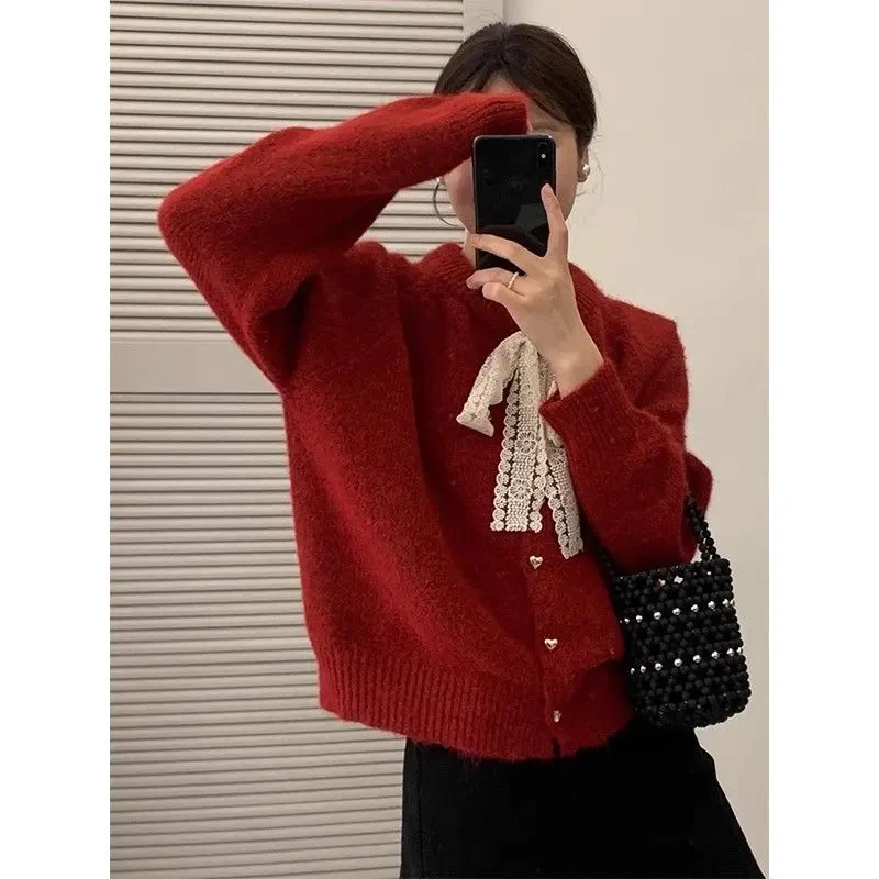 圣诞节穿搭红色毛衣外套女秋冬法式复古蝴蝶结超好看长袖针织开衫