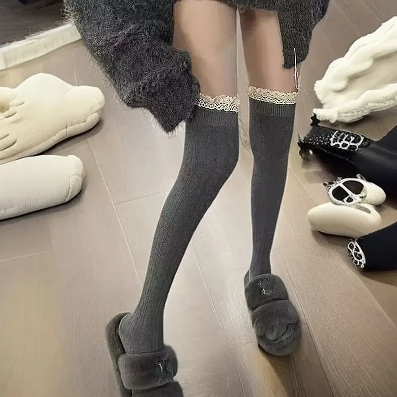 过膝长筒袜子女ins百搭显瘦秋冬蕾丝花边白色大腿袜春秋黑色夏季