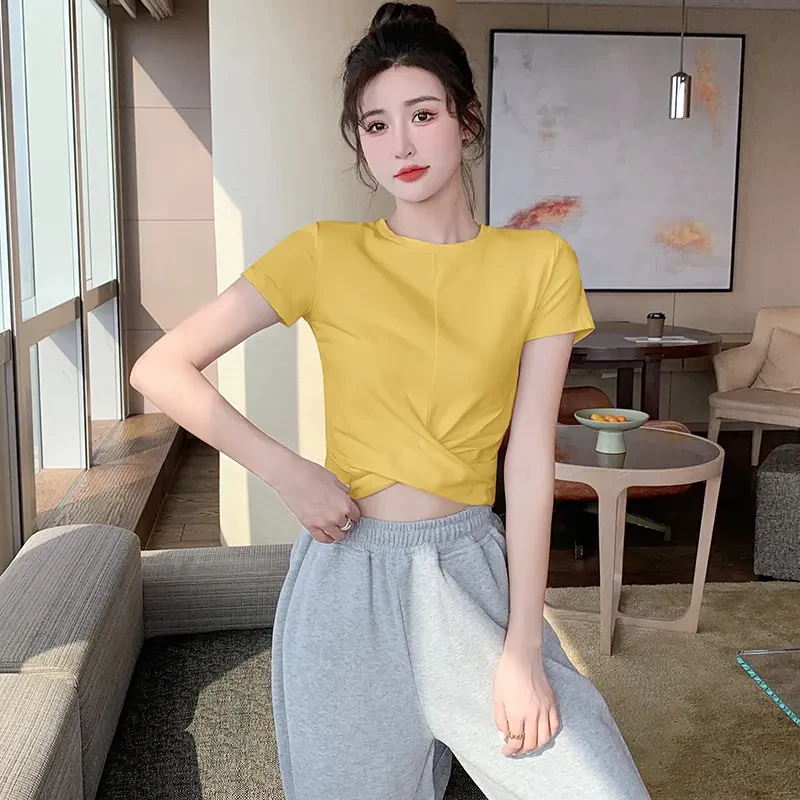 白色短款上衣女短袖圆领小个子露脐高腰小众设计感t恤夏季棉打底