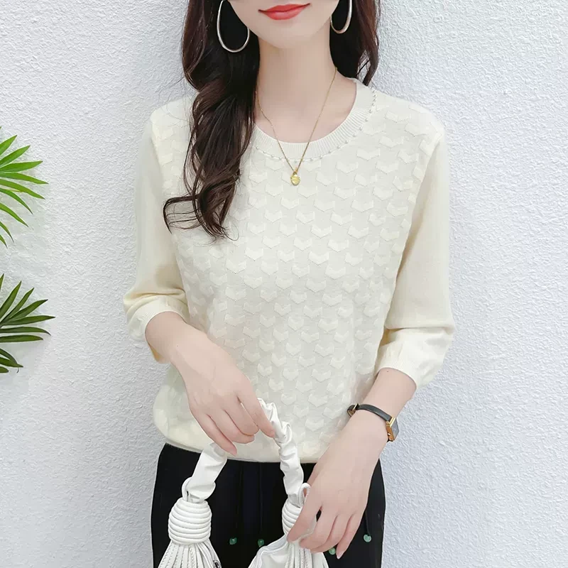 初春中袖女上衣七分袖高端2024春季新款圆领针织衫早春内搭打底衫