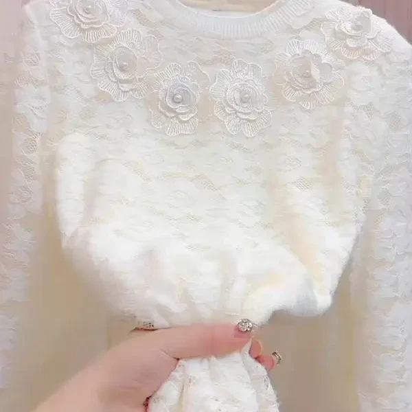 加绒立领钉珠花朵蕾丝宽松显瘦保暖打底衫时尚百搭洋气加厚气质