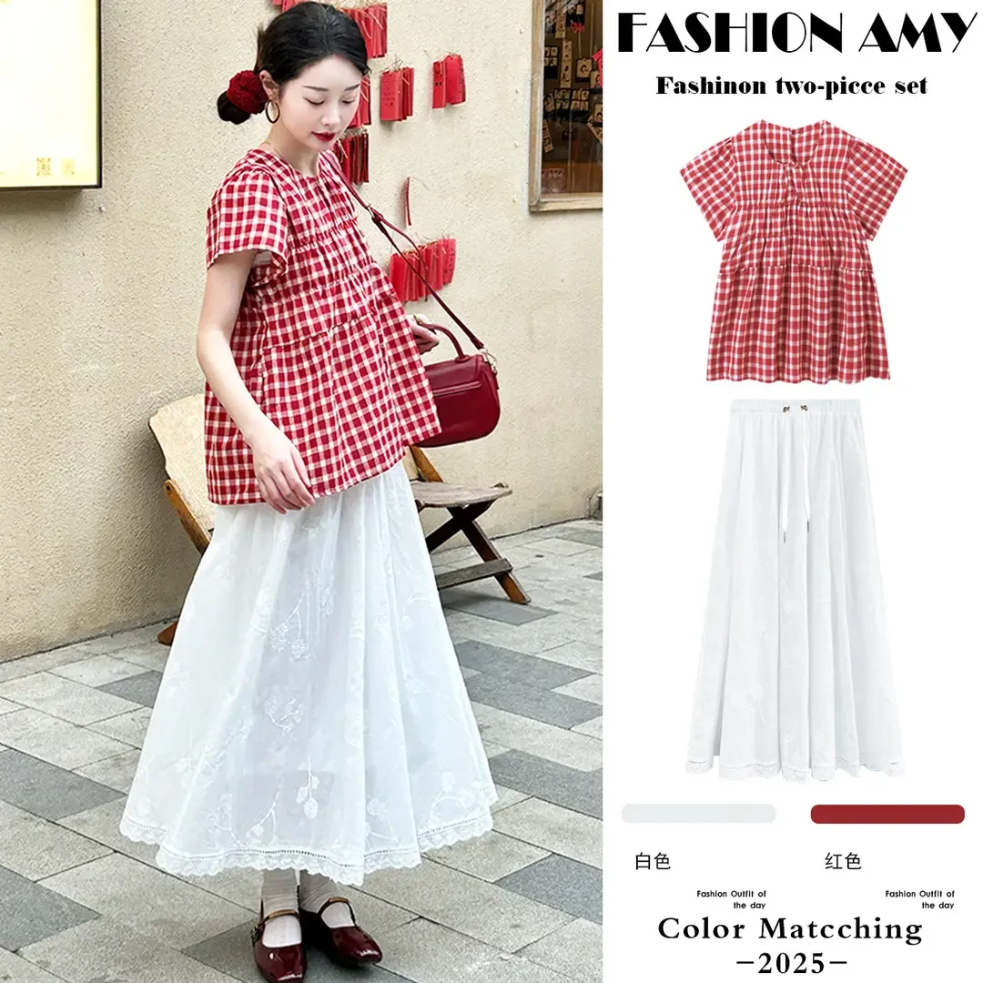 孕妇装夏装套装新款洋气时尚红色格子小飞袖上衣显瘦刺绣半身裙子