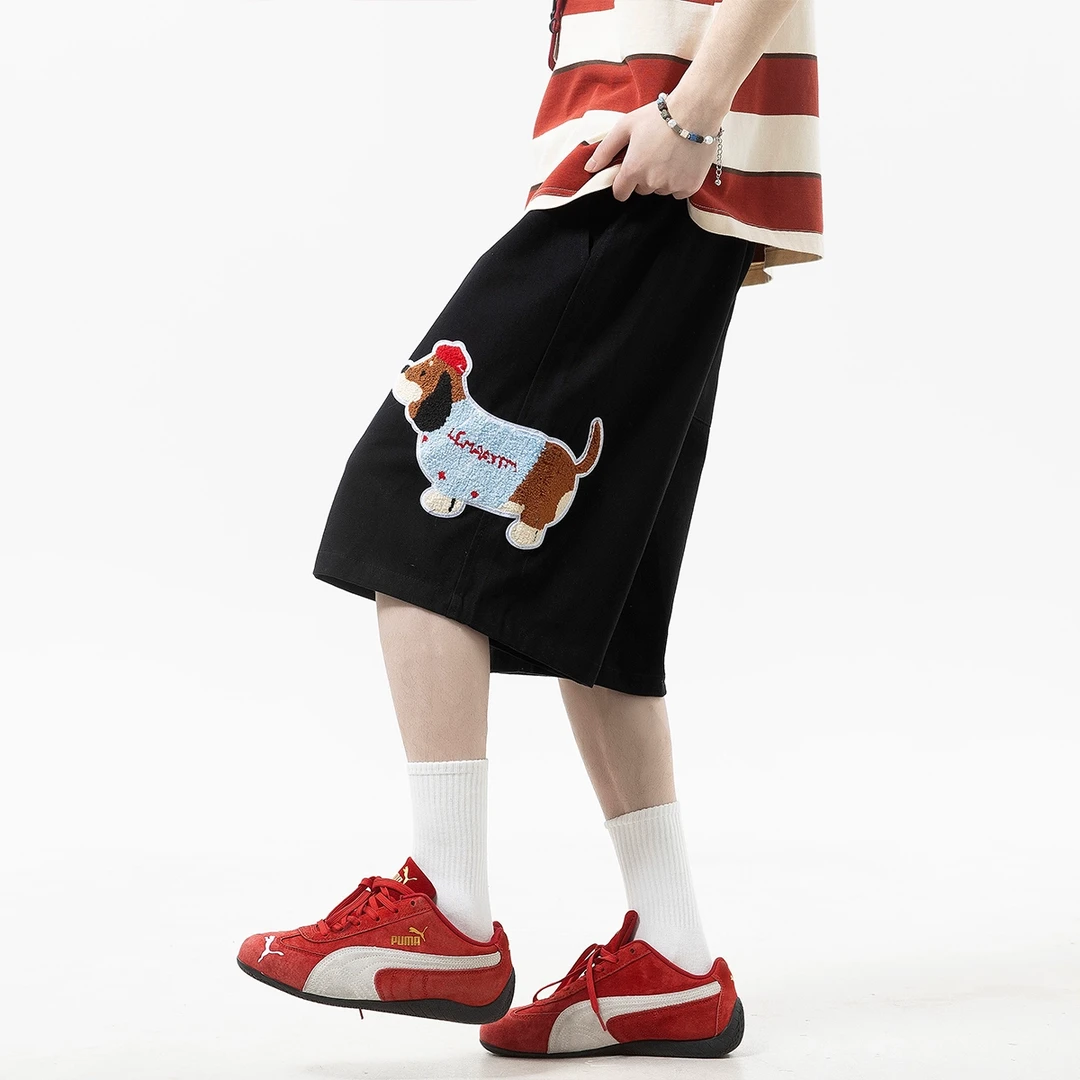 V37腊肠狗刺绣短裤男夏季新款设计感裤子宽松直筒运动休闲五分裤