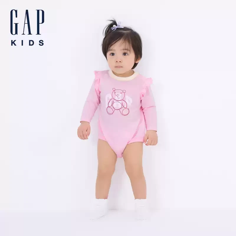 Gap婴幼儿2025春夏新款纯棉花边小熊印花连体衣儿童装爬服643216