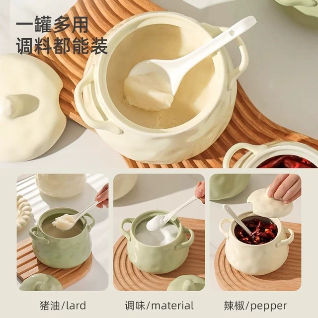 源头好货牛油色猪油罐家用耐高温陶瓷带盖厨房储油装荤油罐子辣椒