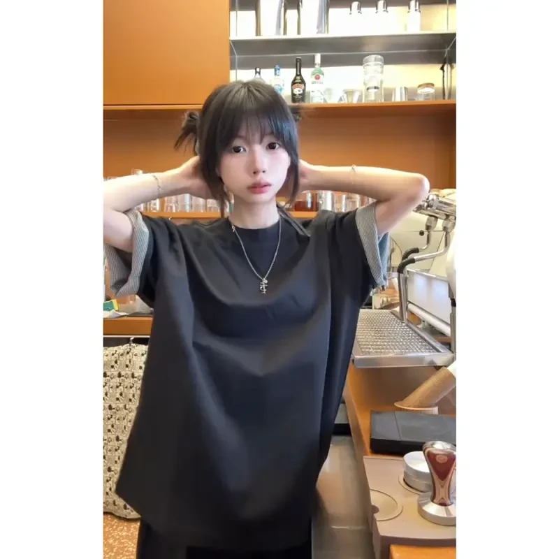 707"千鸟袖“NONRADICAL短袖T恤男女情侣夏季慵懒风千鸟格战术翻折