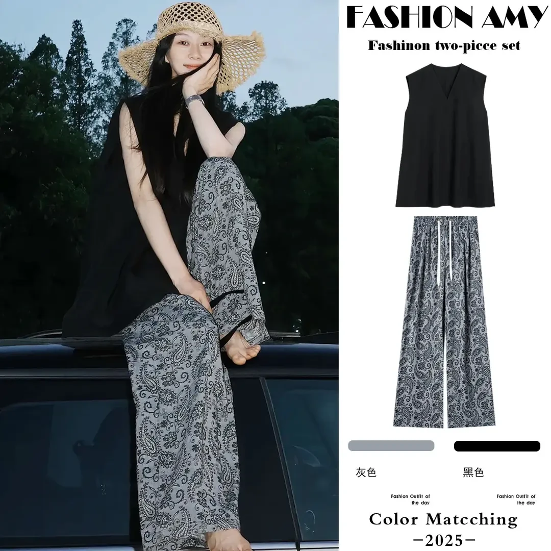 孕妇套装夏装新款时尚韩版宽松度假风低领背心上衣休闲碎花阔腿裤