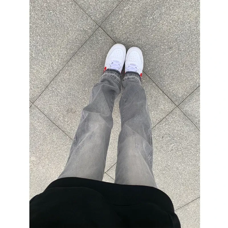 美式复古cleanfit弹力裤子黑色vibe烟灰色牛仔裤男直筒修身微喇裤