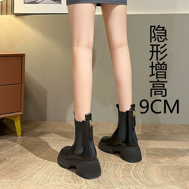 牛皮版~马丁靴女内增高9CM小个子短靴厚底中筒靴真皮切尔西烟筒靴