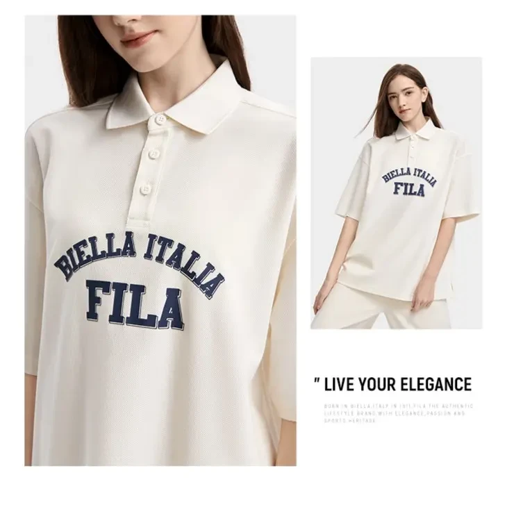 FILA斐乐女装运动情侣美式polo领上衣宽松T恤正肩短袖F11U329105F
