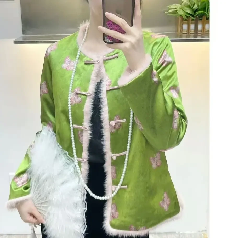 编号81-89新中式国风-人丝香云过薯莨冰裂纹拼水貂红色新中式外套