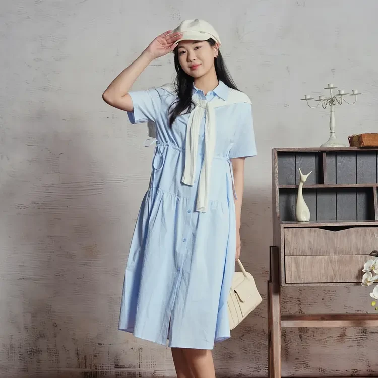 西町村屋简约学院风连衣裙女夏季新款文艺百搭短袖裙子XHAB10124