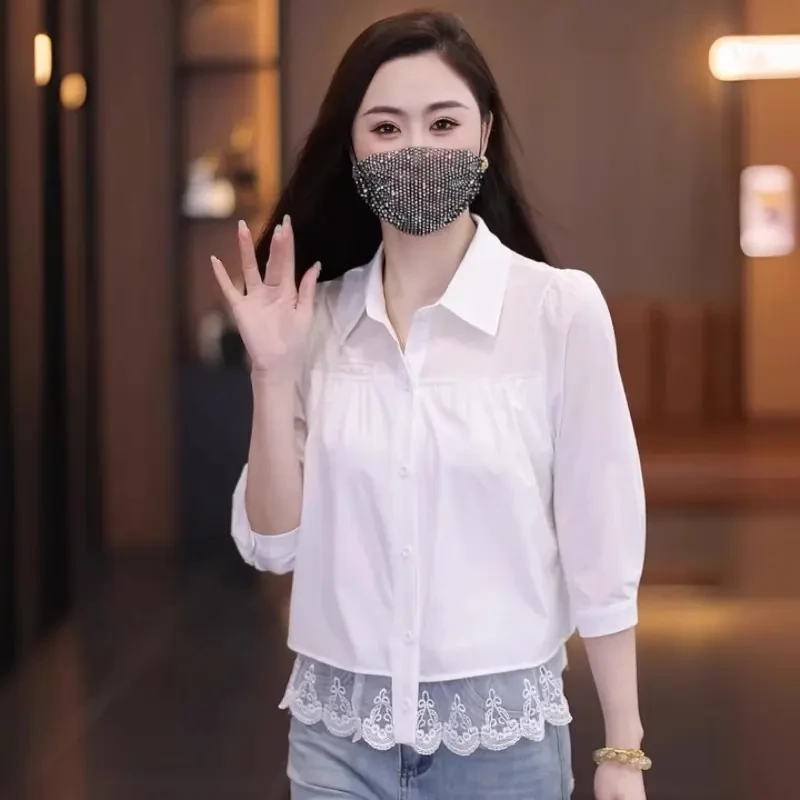 时尚设计感蕾丝拼接衬衫女2025春季新款洋气质减龄衬衣七分袖上衣