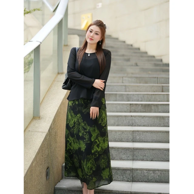 XYD71515/XYD71516中式气质黑罩衫吊带裙高级感静雅大码两件套装