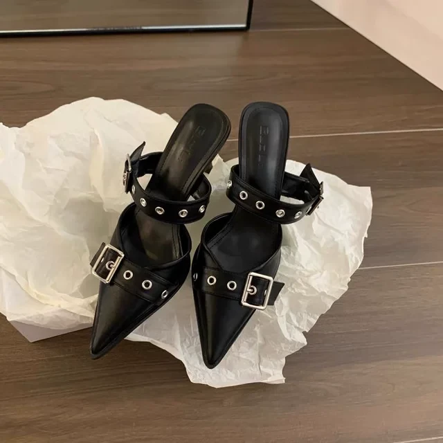 法式皮带扣包头拖鞋女外穿2025年新款高跟鞋细跟时尚尖头半拖单鞋