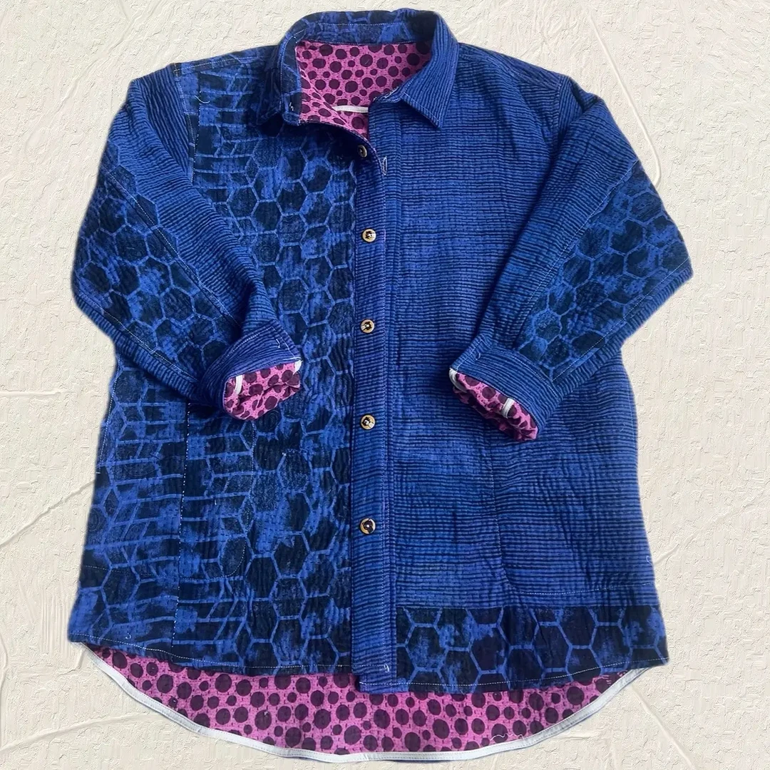 手工缝制刺子绣古布拼接双面穿衬衫（孤品颜色随机）