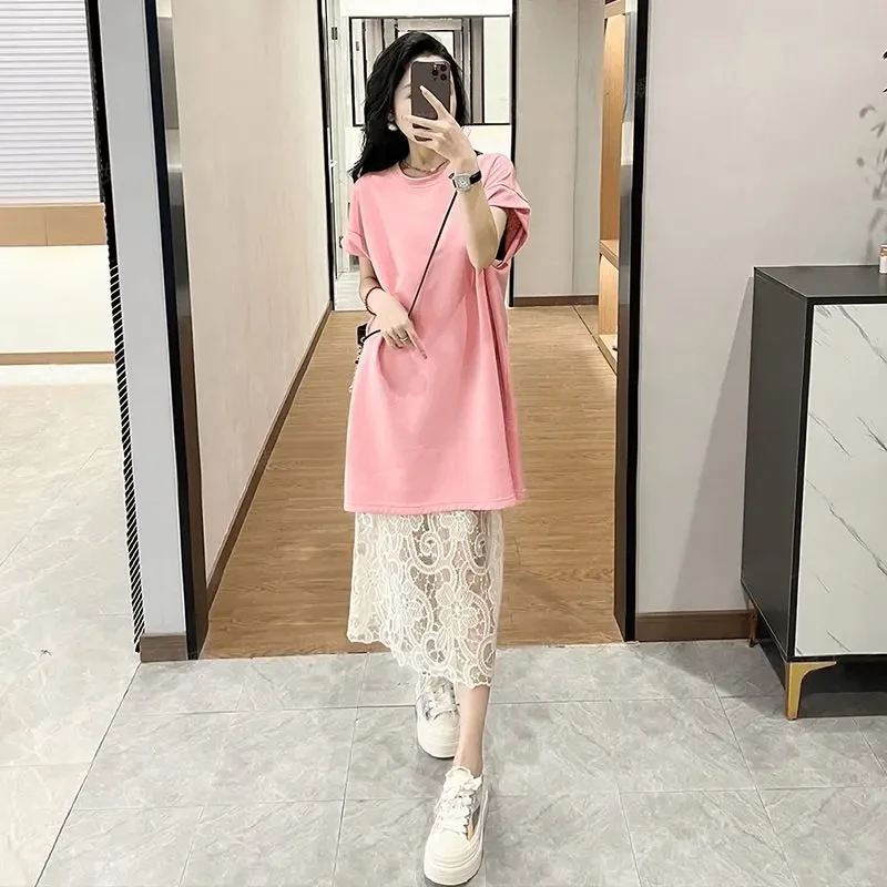 夏季新款时尚洋气慵懒风简约百搭短袖T恤显瘦蕾丝半身裙气质套装