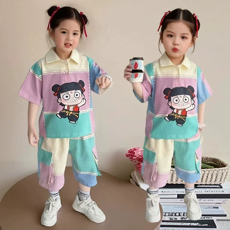 女童夏季哪吒短袖套装2025新款小儿童夏装酷帅气薄款两件套夏天潮