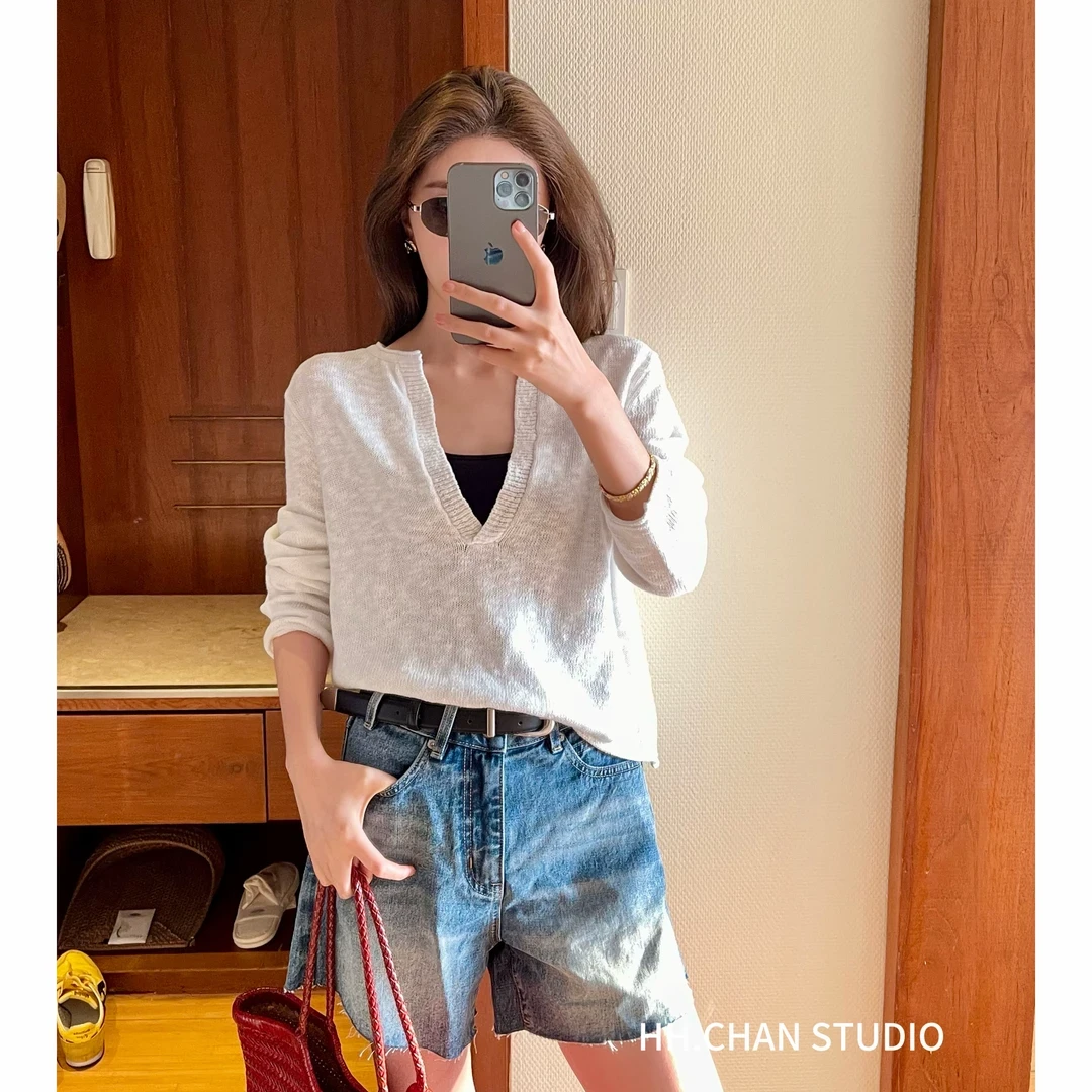 HH.CHAN“调性罩衫”100%棉2025春夏针织白色长袖V领上衣HH-7350