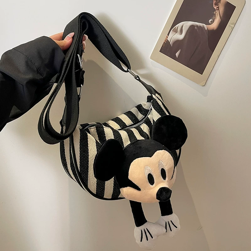 红白条纹帆布托特包女小号卡通米奇公仔包包通勤单肩包斜挎饺子包