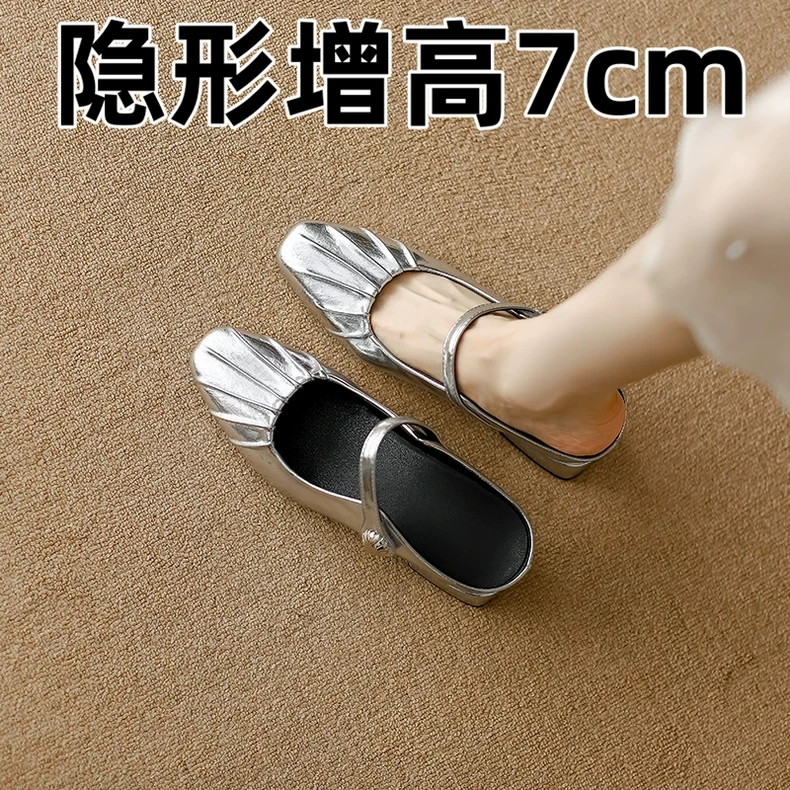 内增高7cm银色包头半拖凉鞋女2025新款夏季粗跟一脚蹬单鞋玛丽珍