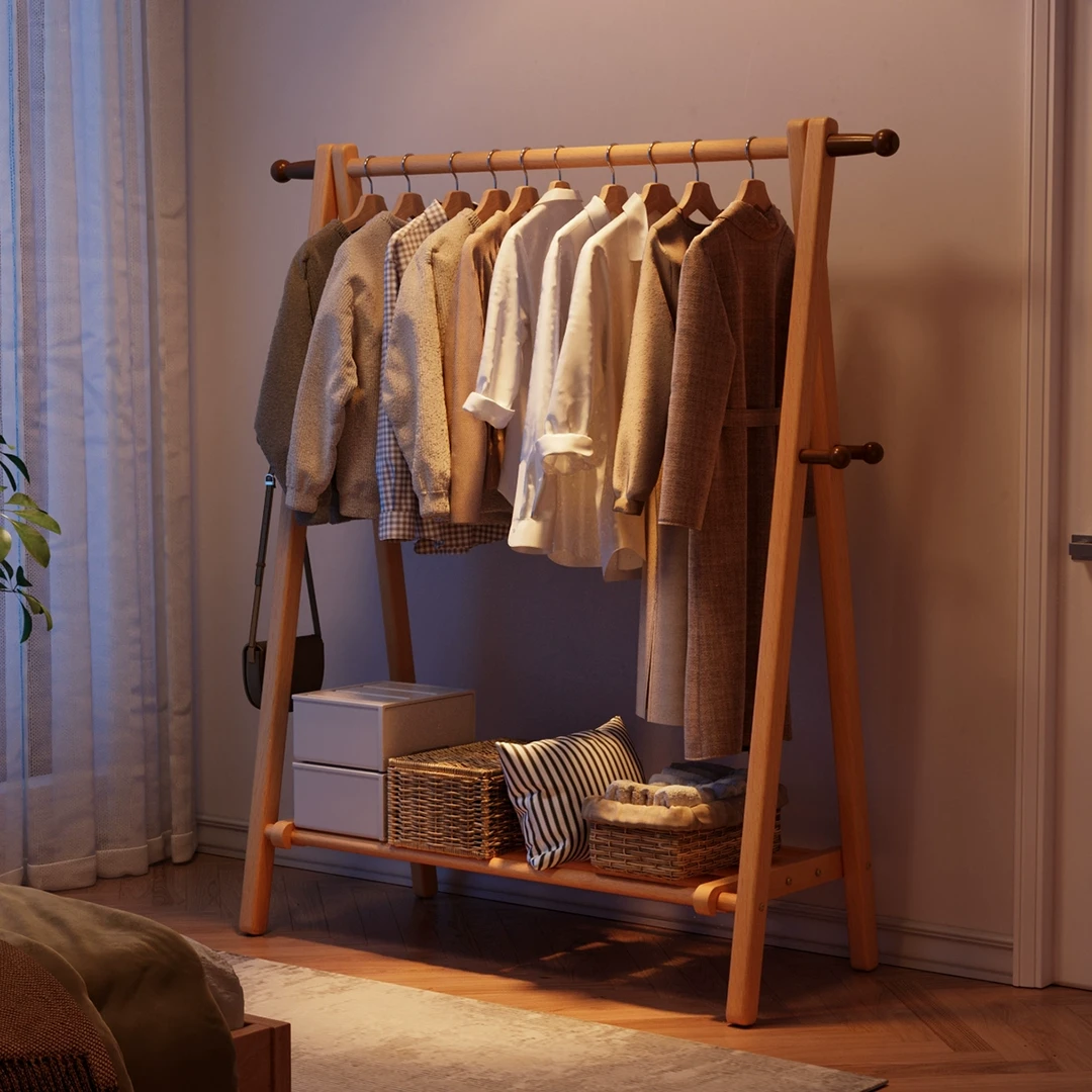 实木衣架落地式卧室挂衣架客厅置物衣帽架家用床边晚上放衣服神器