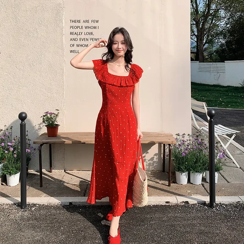 夏装新款红色方领气质连衣裙夏季裙子