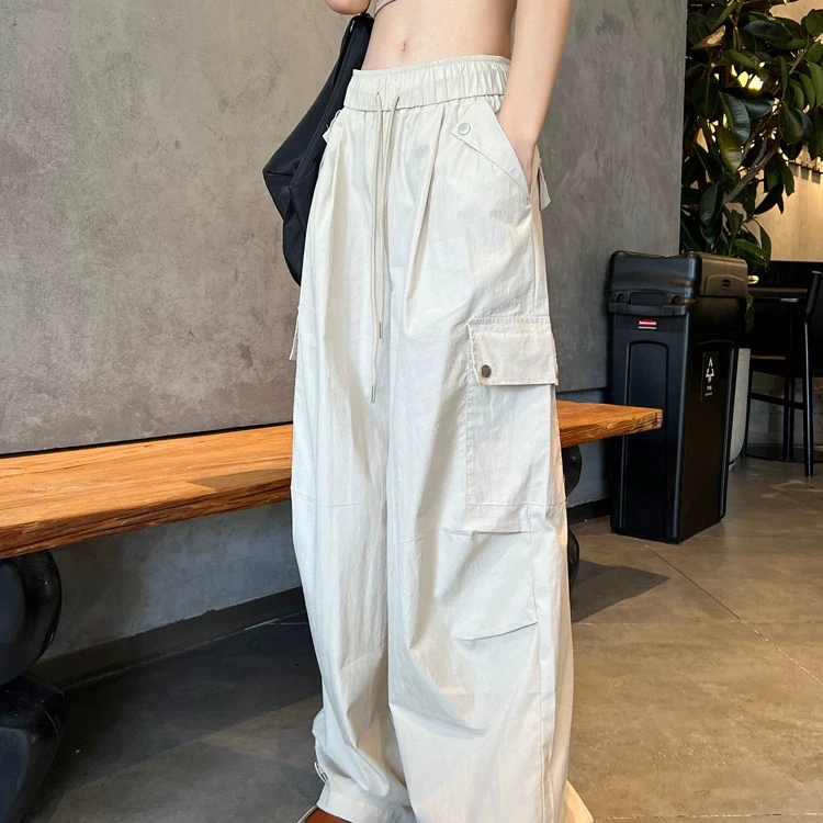高个子超长白色冰丝工装裤女夏季薄款高腰加长阔腿美式速干伞兵裤