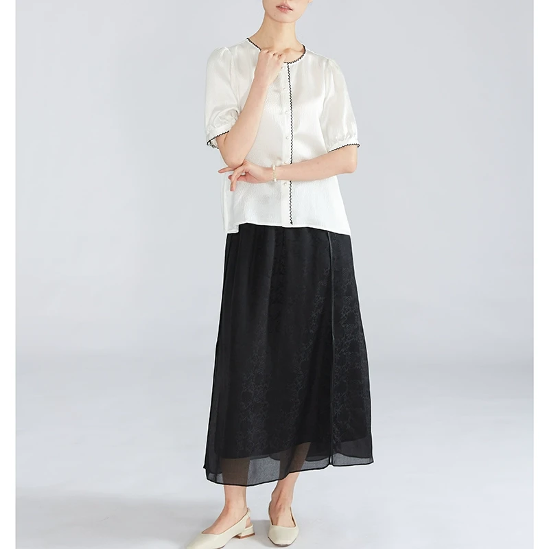 小香风桑蚕丝撞色珍珠缎肌理感圆领拼接蕾丝真丝短袖小衫SYC019