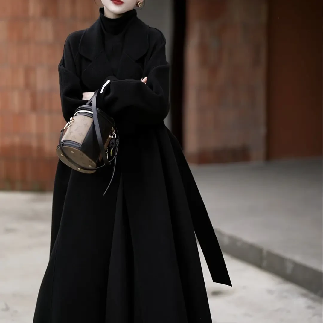 系带冬新款女加厚中长款保暖宽松西装领系带双面绒毛呢大衣外套