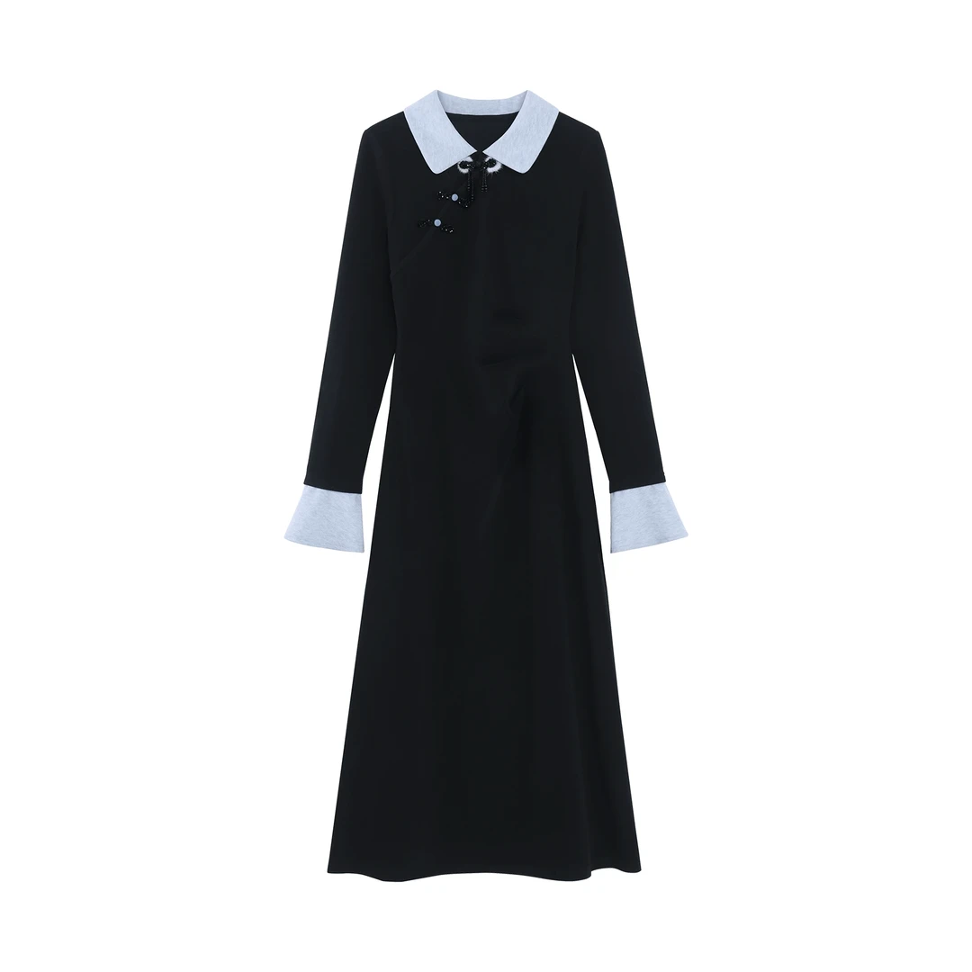 ALXNAN「冰川黛蓝」新中式翻领连衣裙秋冬款设计感裙子女DYL661580