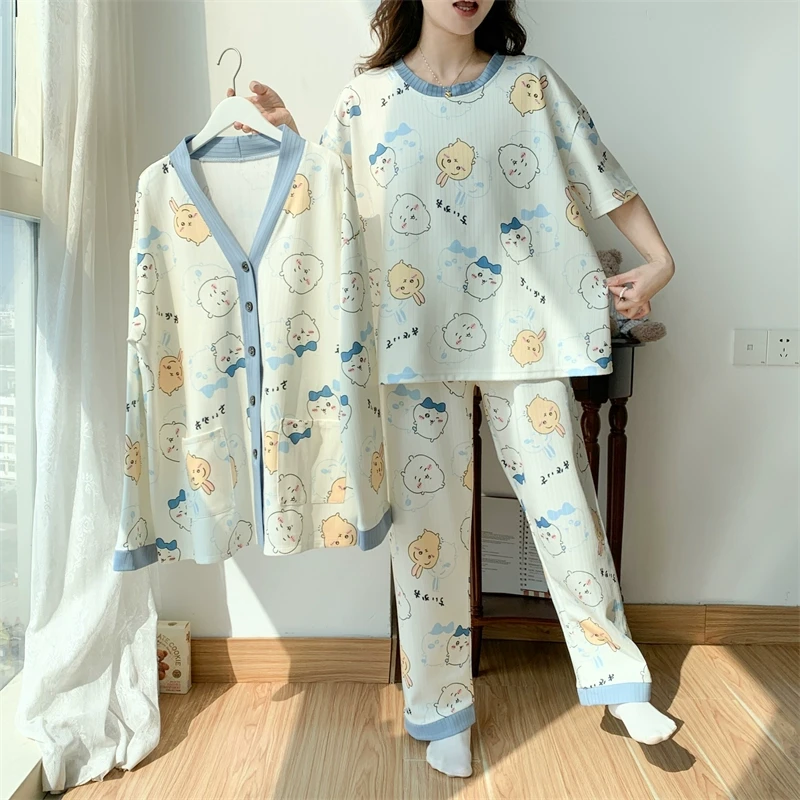 特大码睡衣女春秋季女新款短袖薄款长裤三件套装家居服外穿300斤
